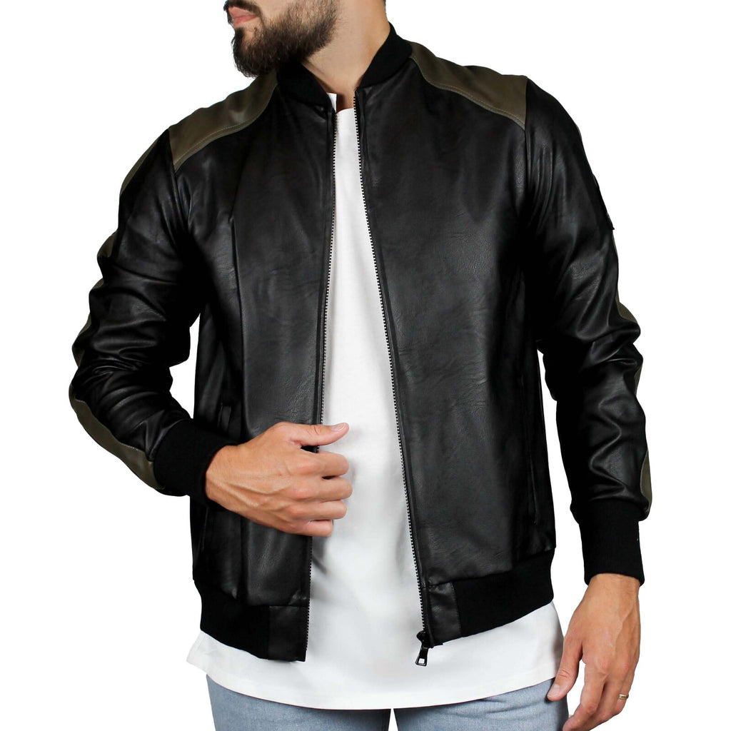 Bomber in pelle ecologica nero e fango 1