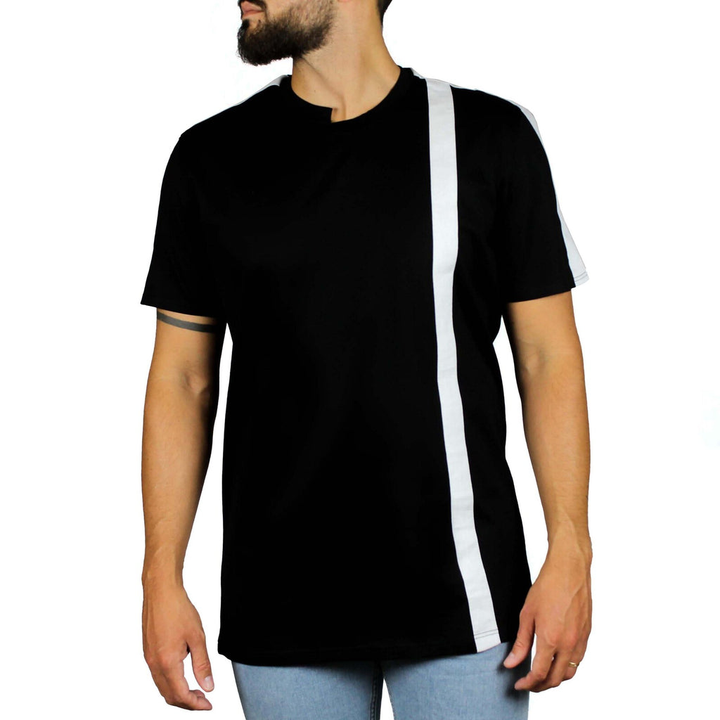 T-shirt nera inserti lino bianco su spalle e fronte retro 1