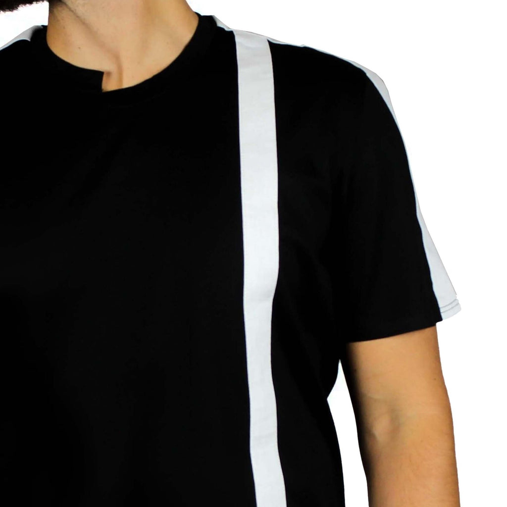T-shirt nera inserti lino bianco su spalle e fronte retro 2