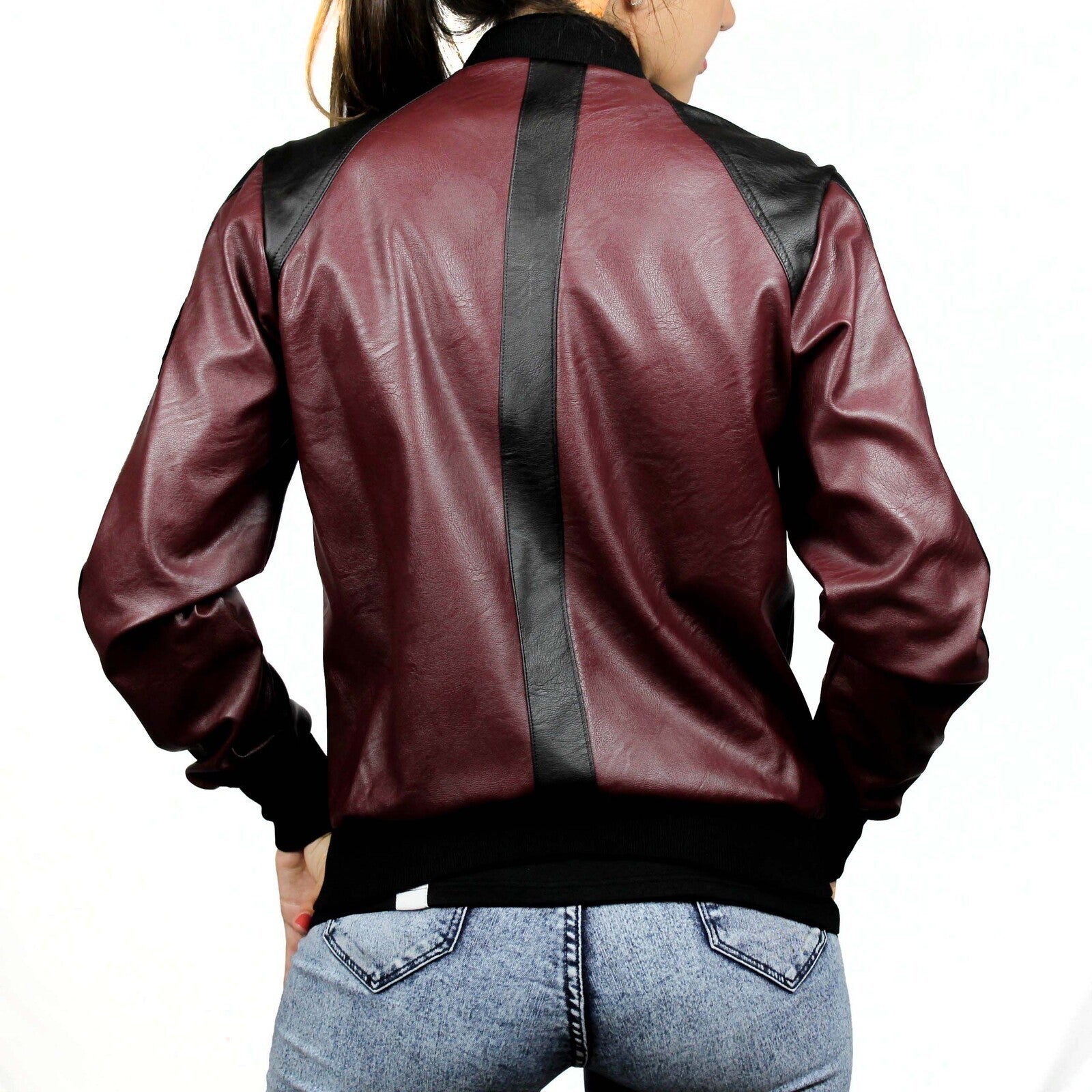 Bomber in pelle ecologica prugna e nero 3