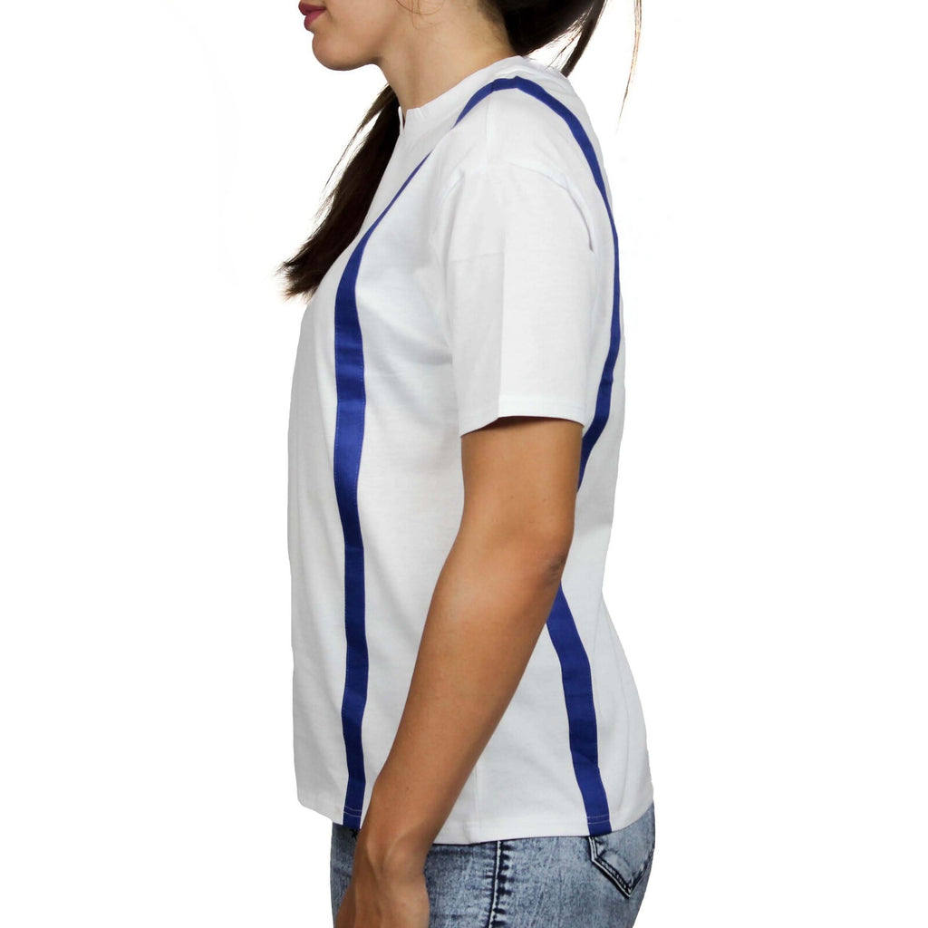T-shirt bianca inserti lino cobalto fronte retro 2