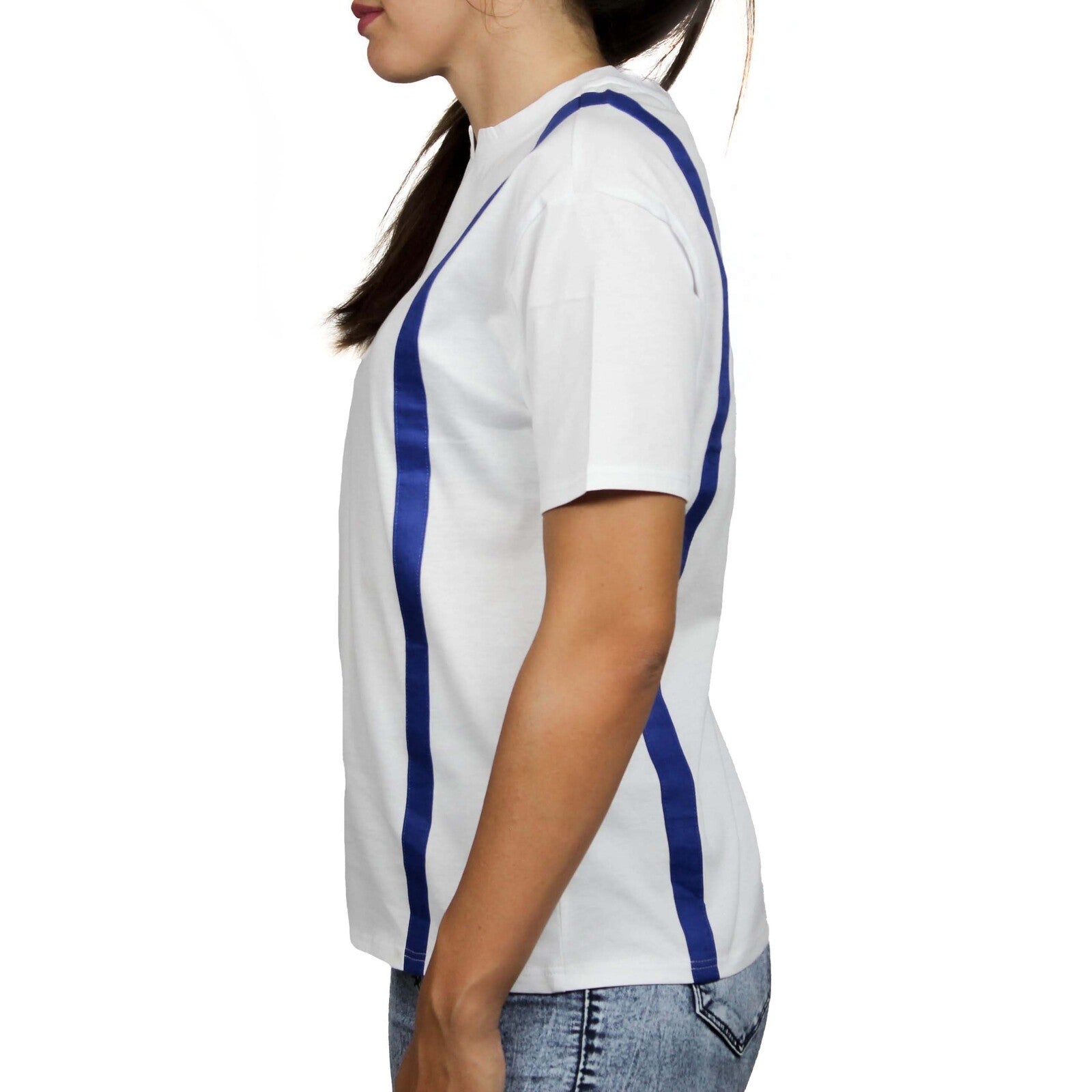 T-shirt bianca inserti lino cobalto fronte retro 2