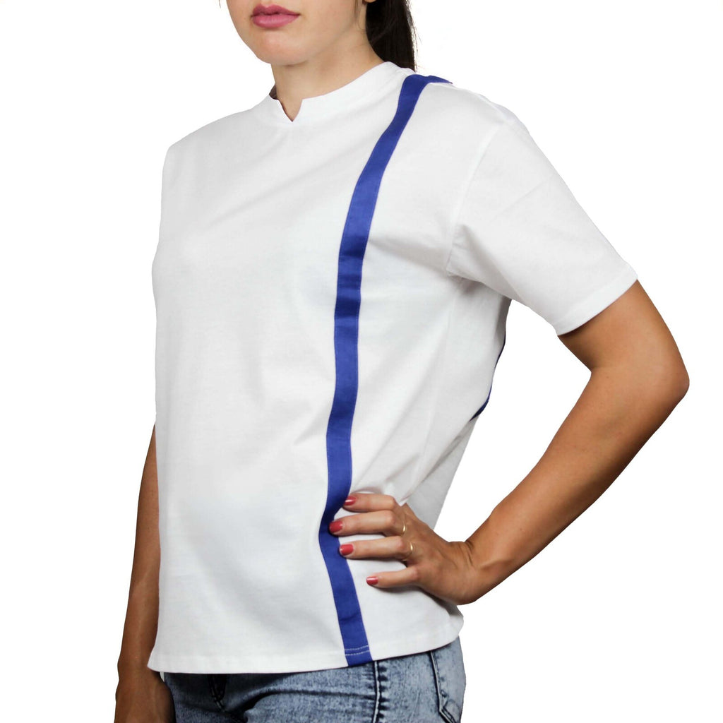 T-shirt bianca inserti lino cobalto fronte retro 3