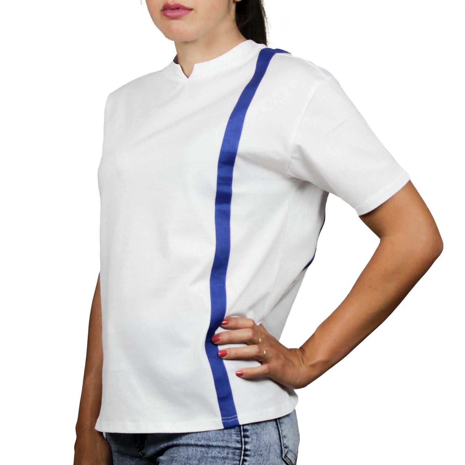 T-shirt bianca inserti lino cobalto fronte retro 3