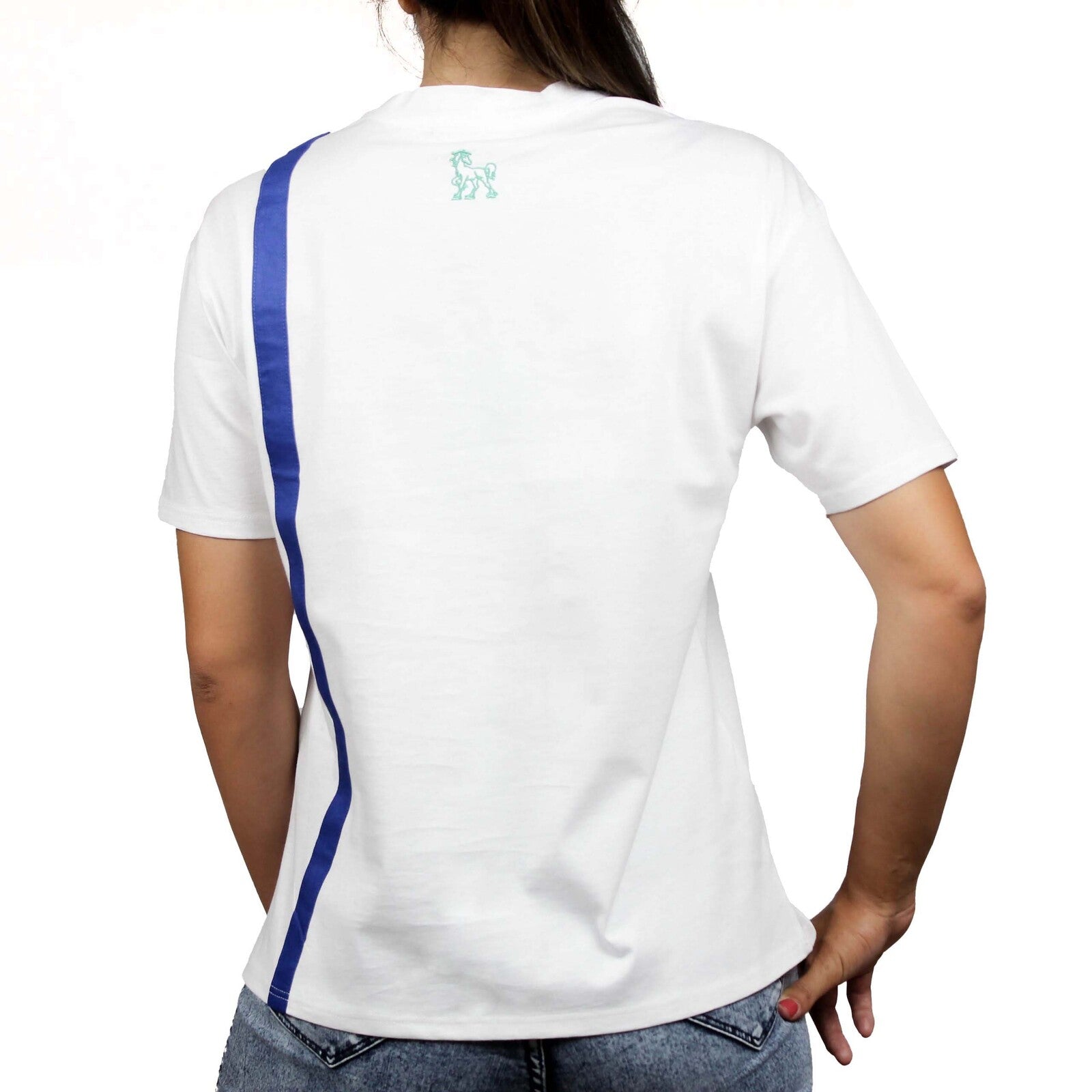 T-shirt bianca inserti lino cobalto fronte retro 4