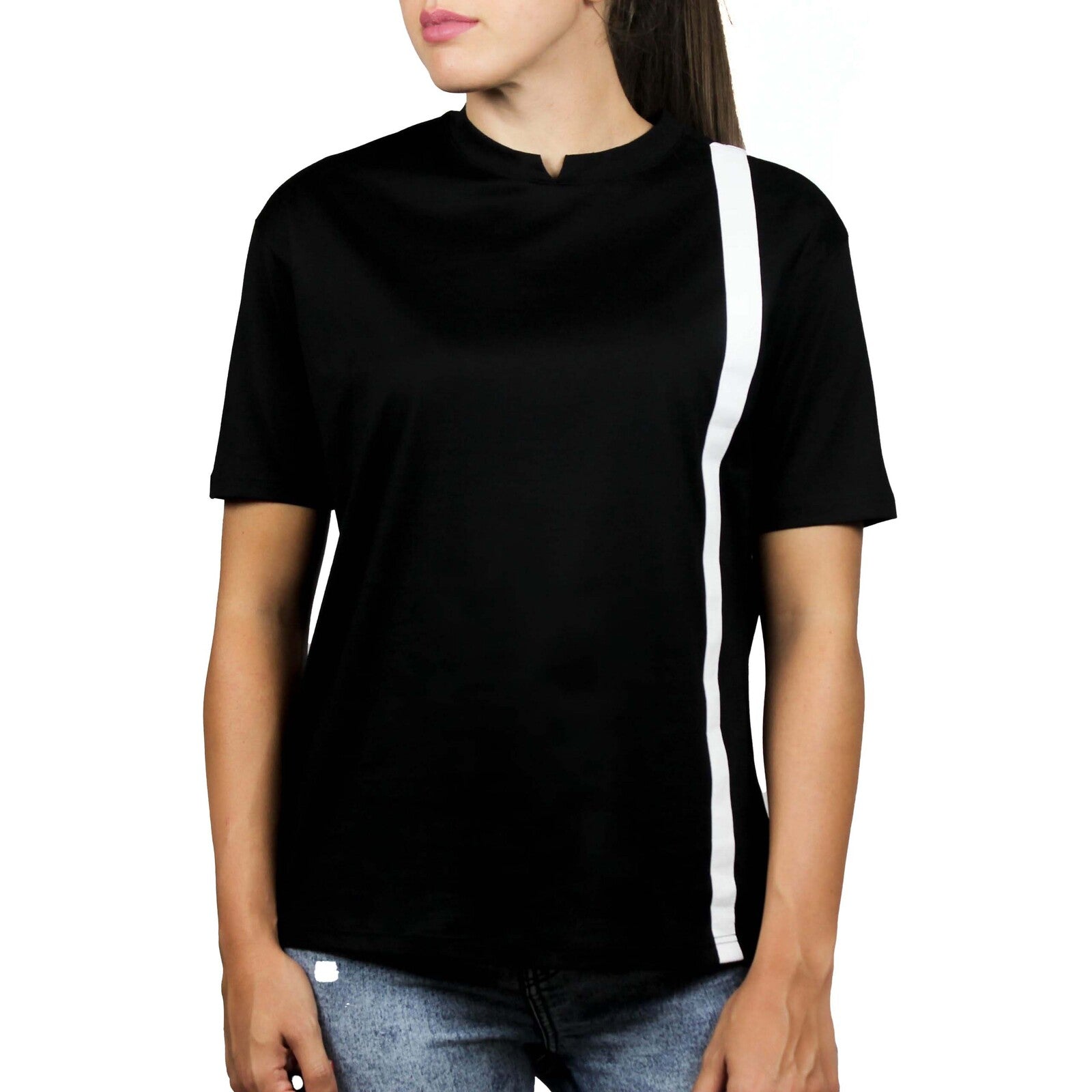 T-shirt nera inserti lino bianchi fronte retro 1