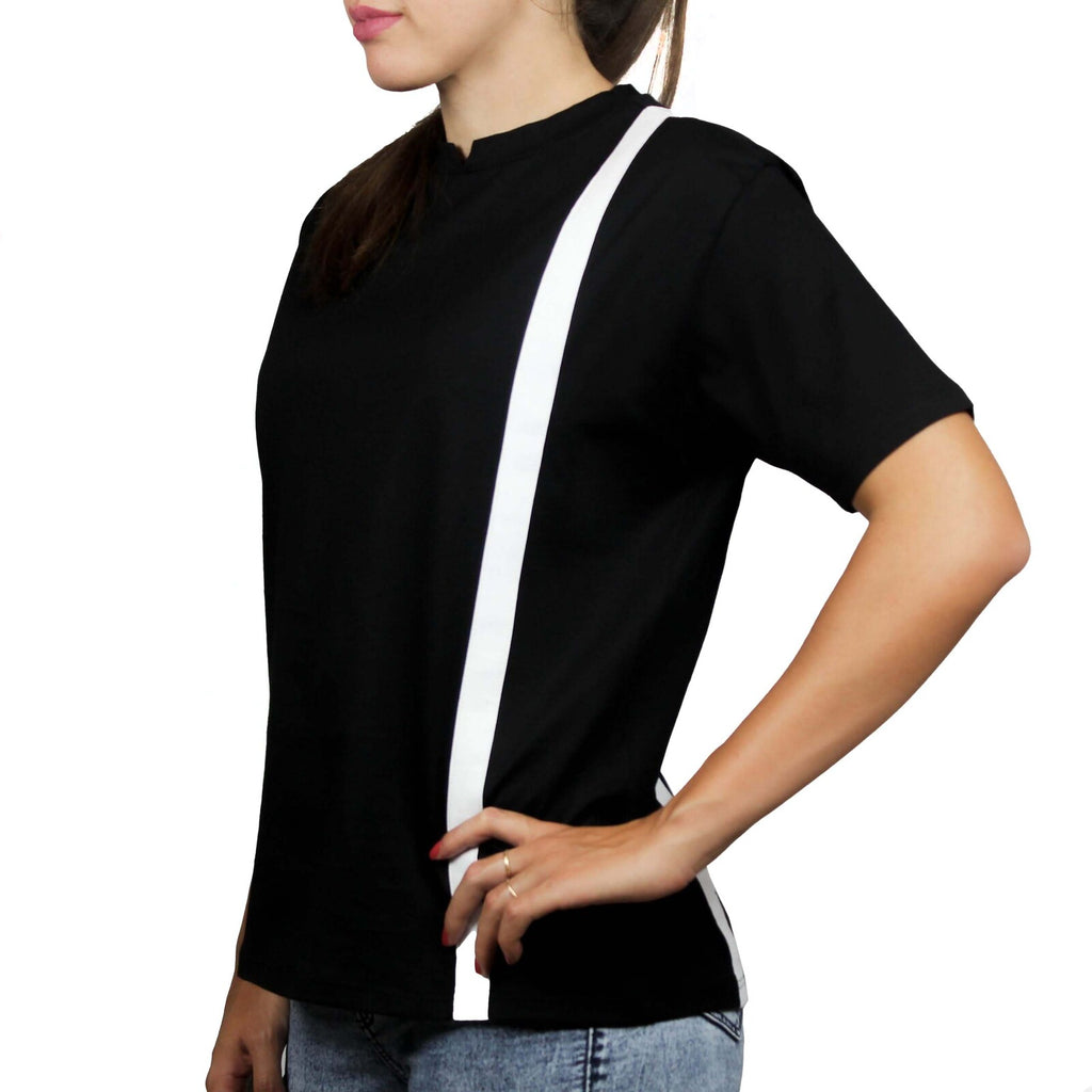 T-shirt nera inserti lino bianchi fronte retro 2