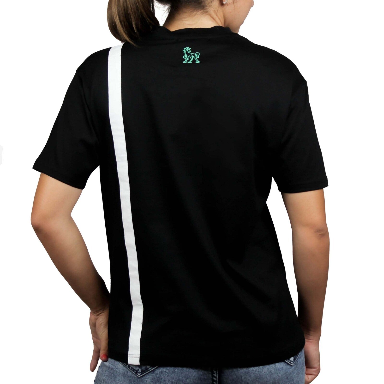 T-shirt nera inserti lino bianchi fronte retro 3