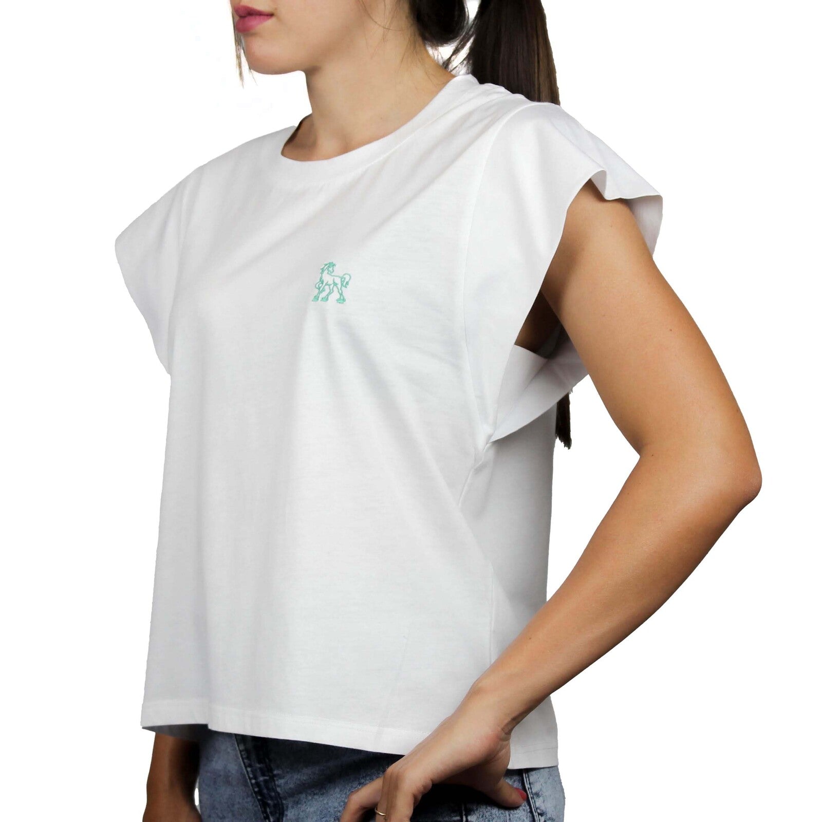 T-shirt bianca giromanica logo ricamato 2