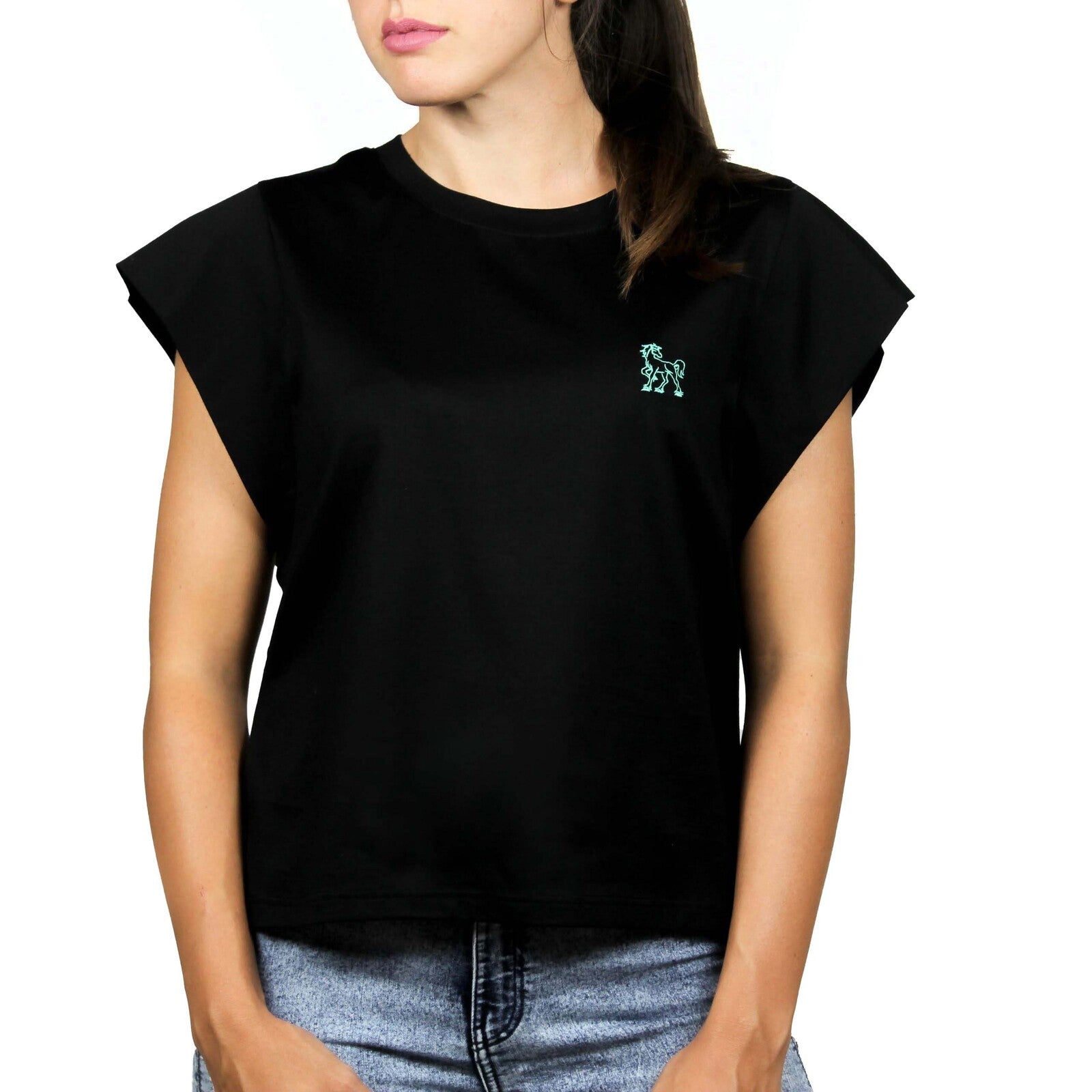 T-shirt nera giromanica con logo ricamato 1