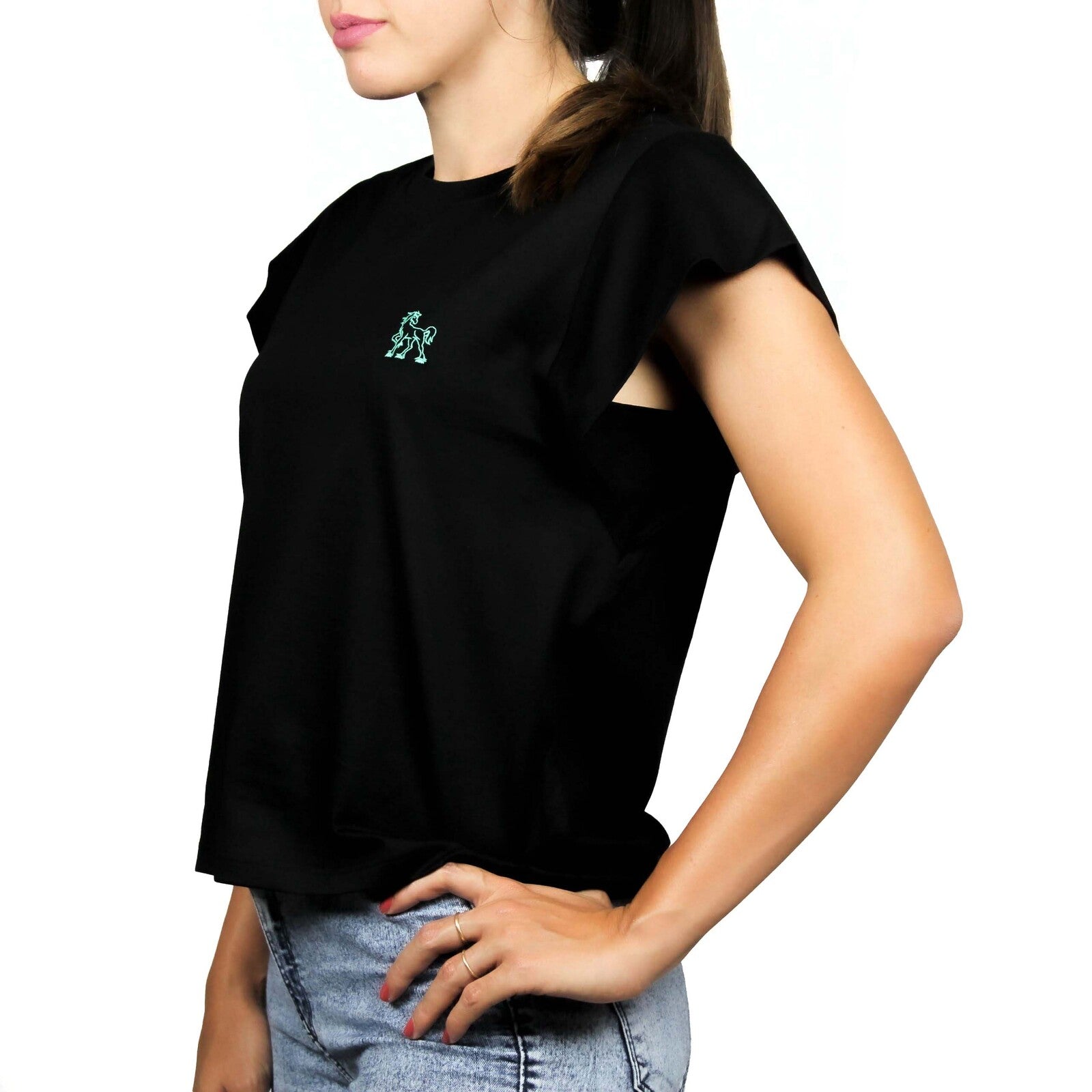 T-shirt nera giromanica con logo ricamato 2