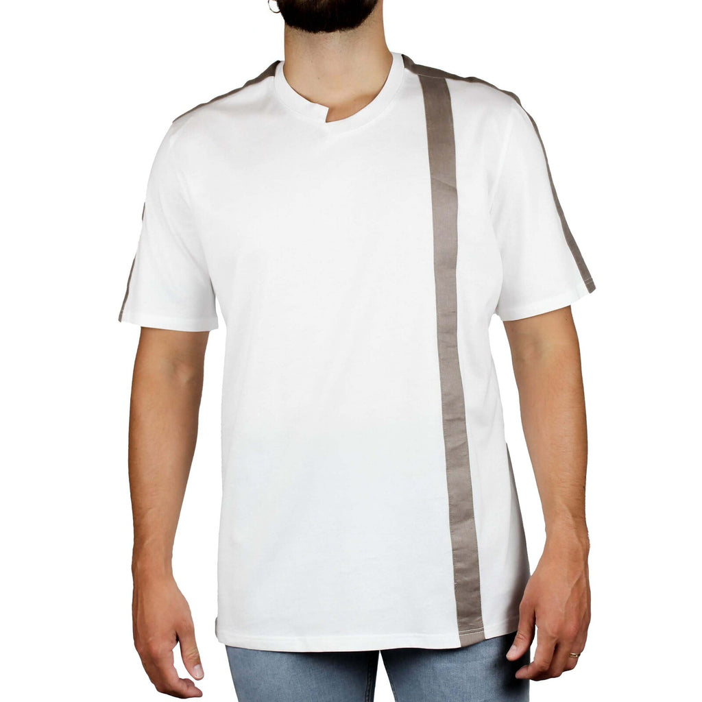 T-shirt bianca inserti lino tortora spalle e fronte retro 1