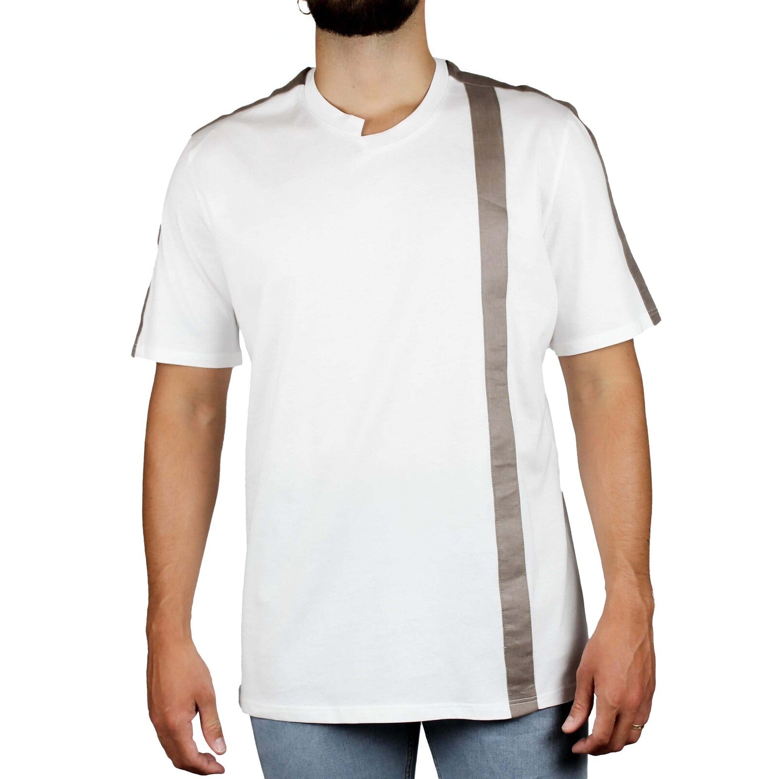 T-shirt bianca inserti lino tortora spalle e fronte retro 1