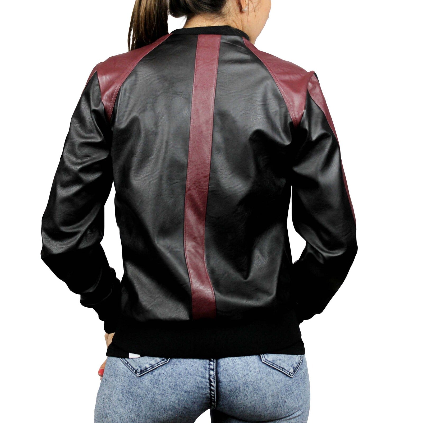 Bomber in pelle ecologica nero e prugna 3
