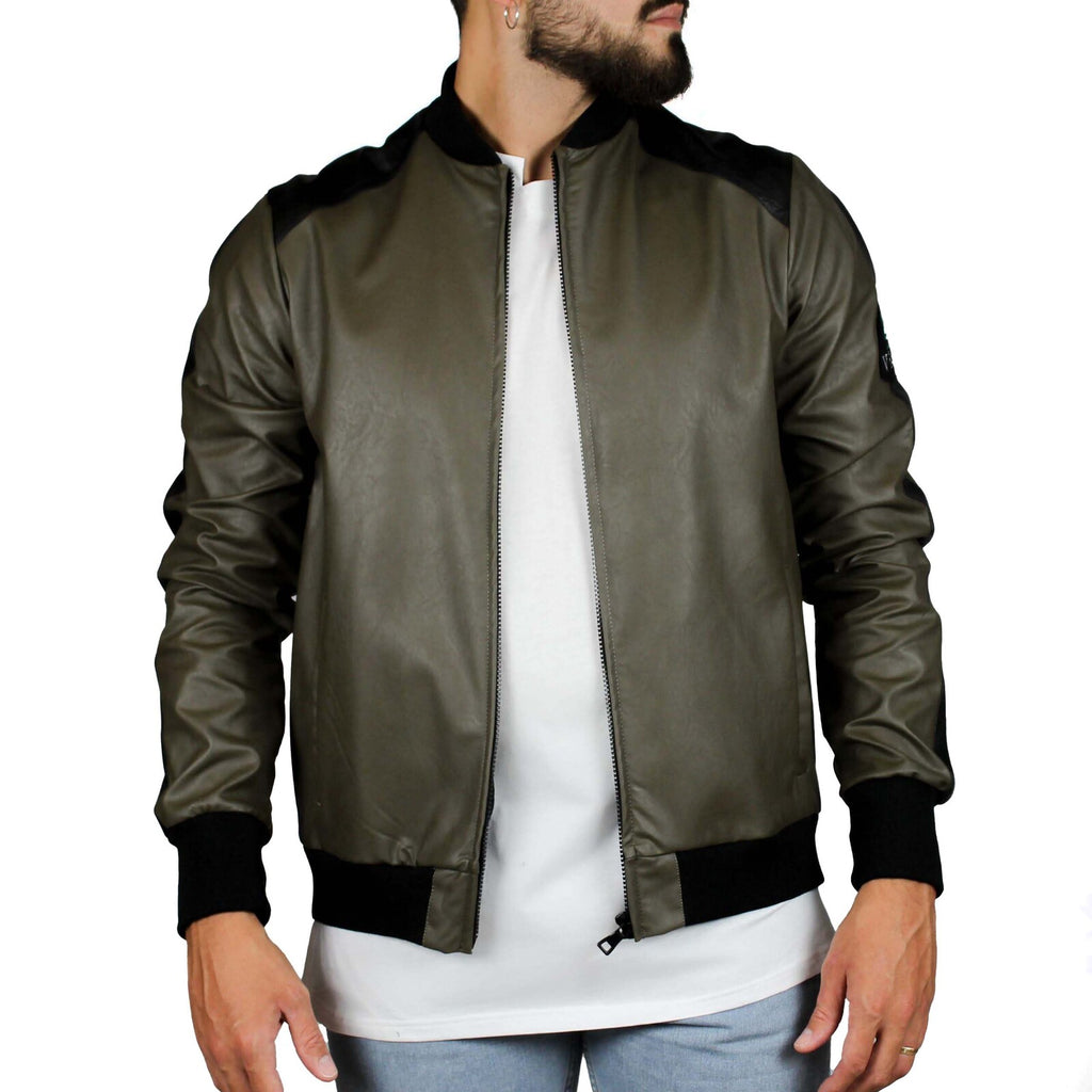 Bomber in pelle ecologica tortora e nero 1