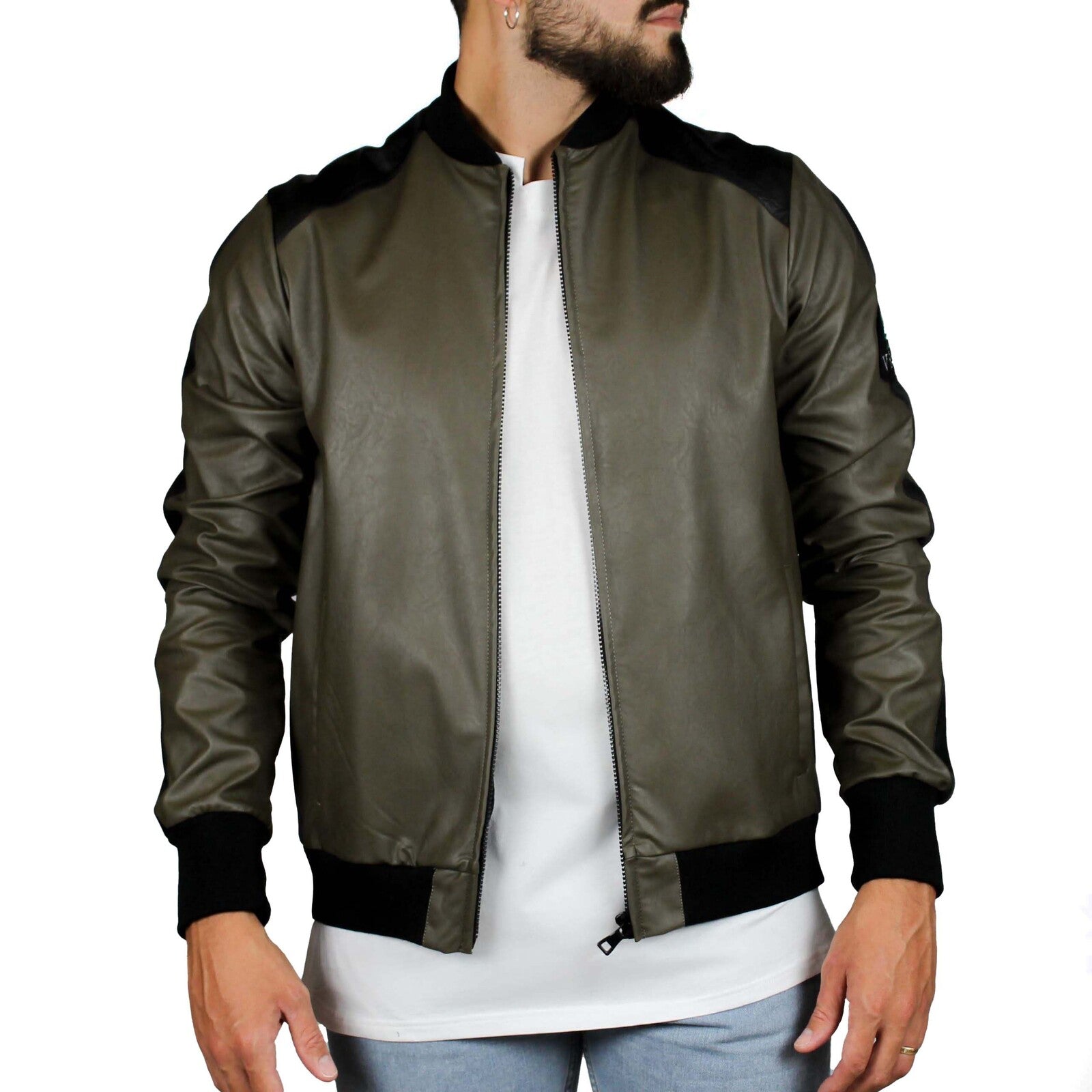 Bomber in pelle ecologica tortora e nero 1