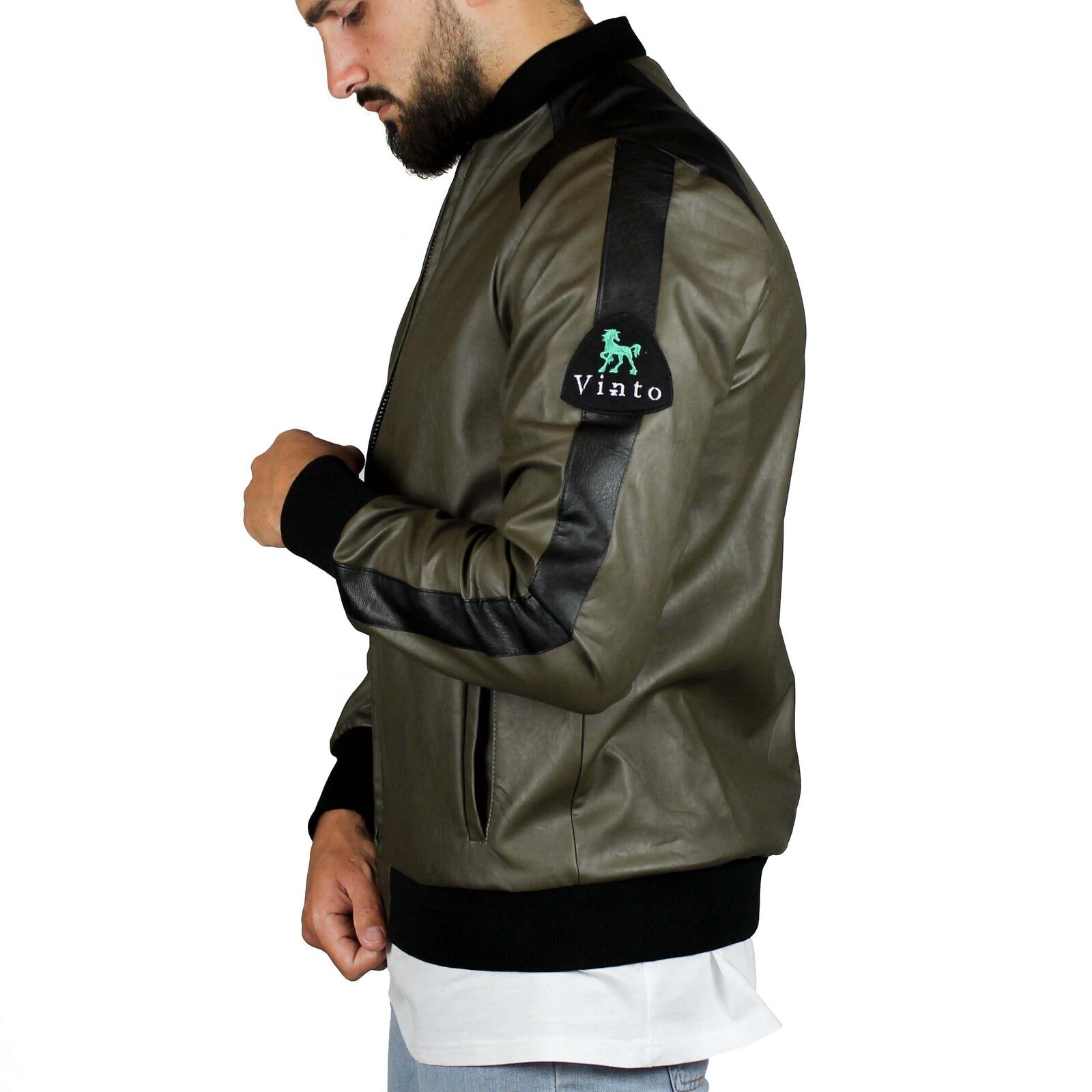 Bomber in pelle ecologica tortora e nero 2