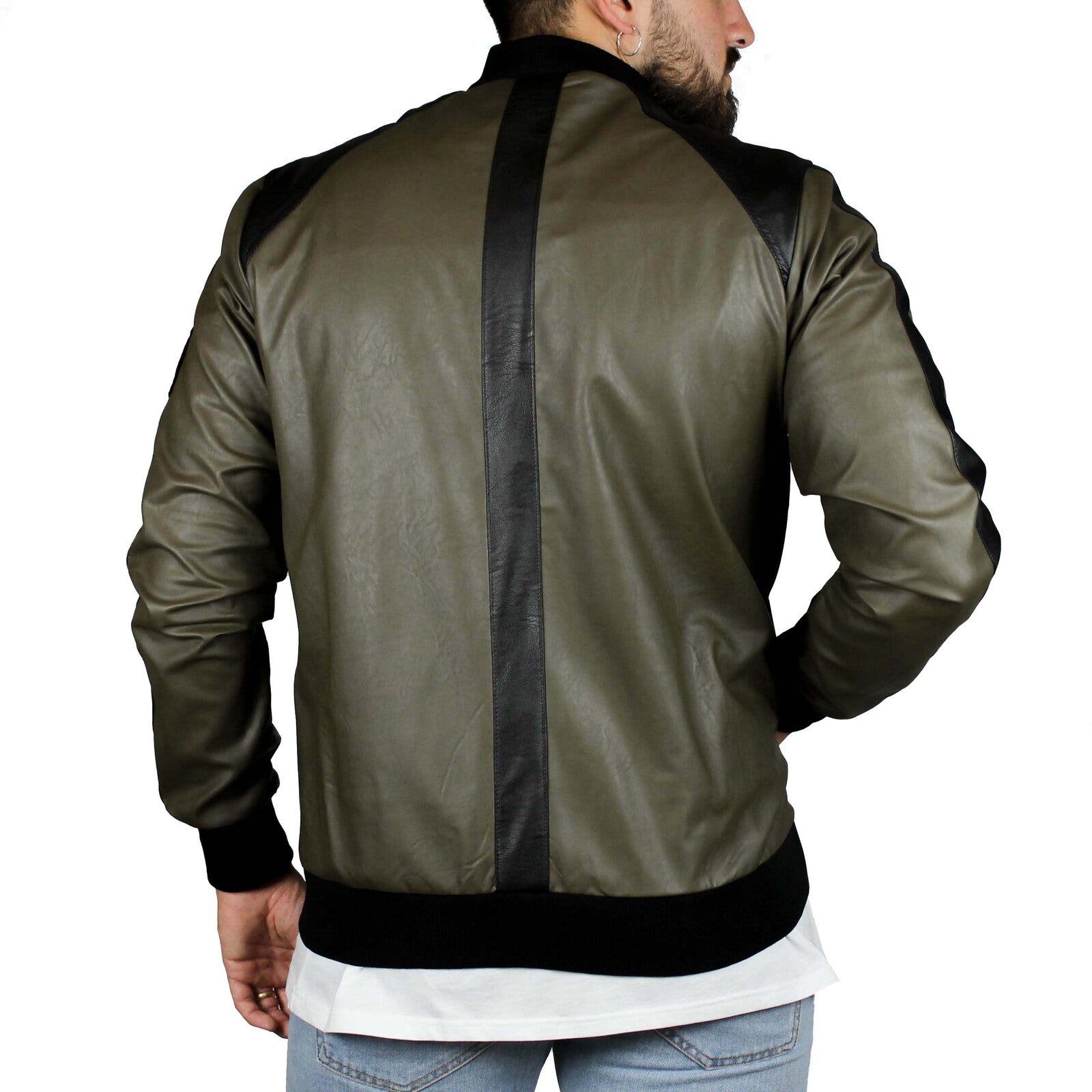 Bomber in pelle ecologica tortora e nero 3