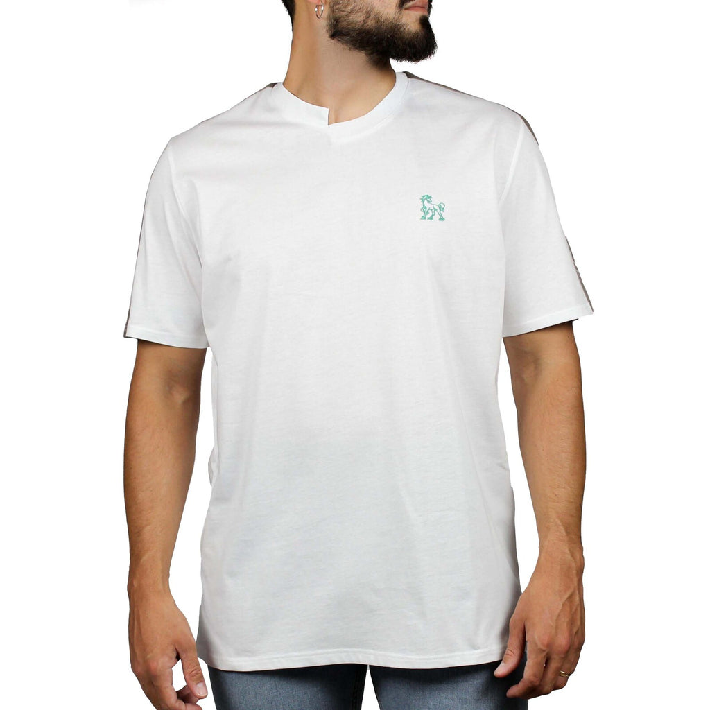 T-shirt bianca inserti lino tortora su spalle 1