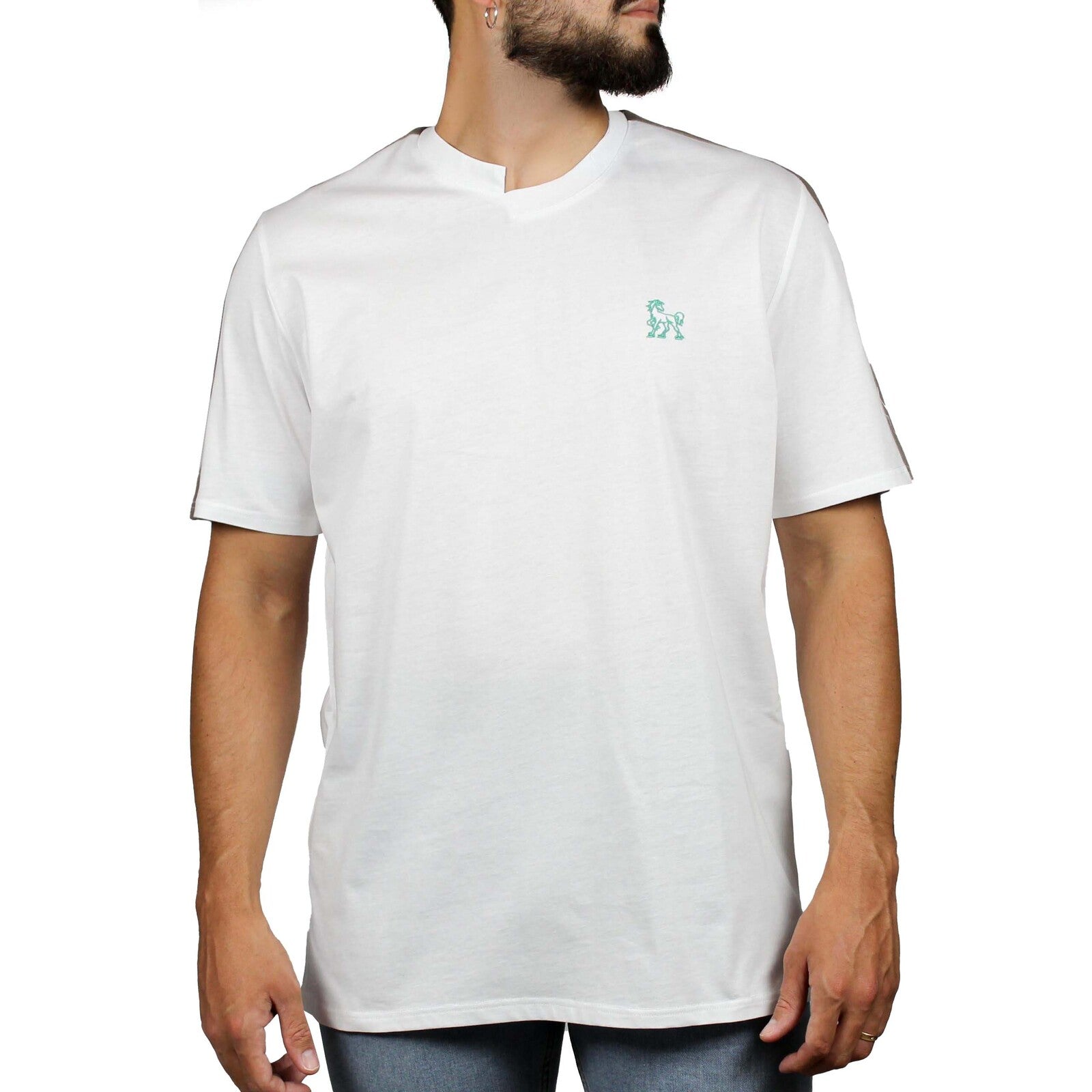 T-shirt bianca inserti lino tortora su spalle 1