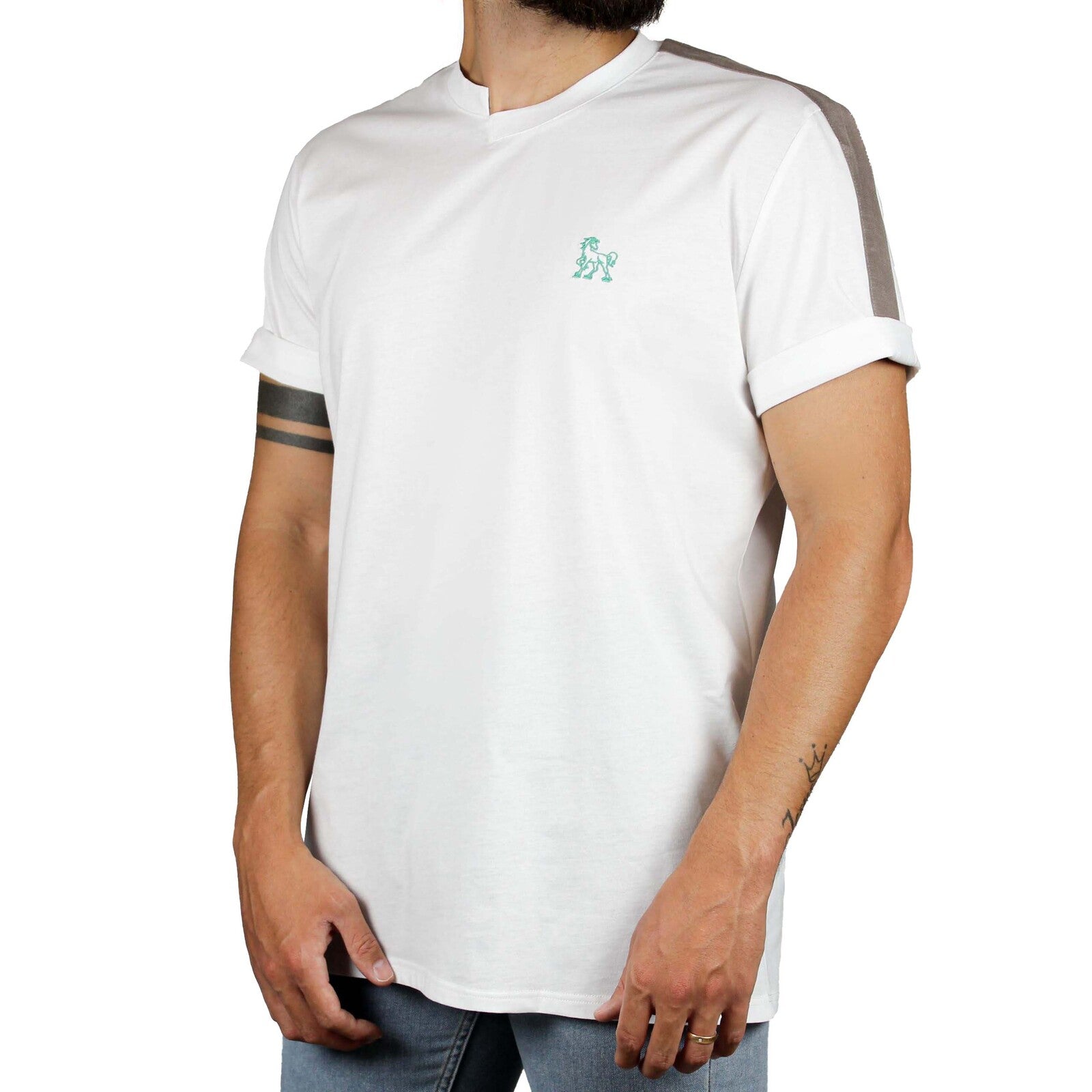 T-shirt bianca inserti lino tortora su spalle 2