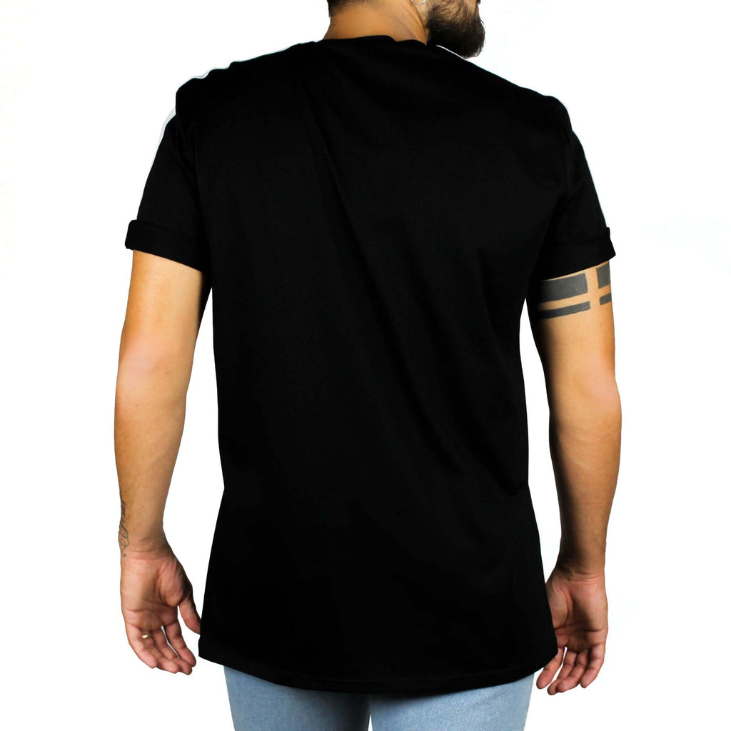 T-shirt nera inserti lino bianco su spalle 2