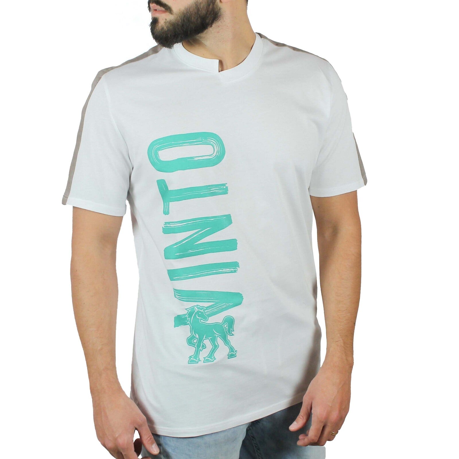 T-shirt bianca inserti lino tortora su spalle e stampa Vinto 1