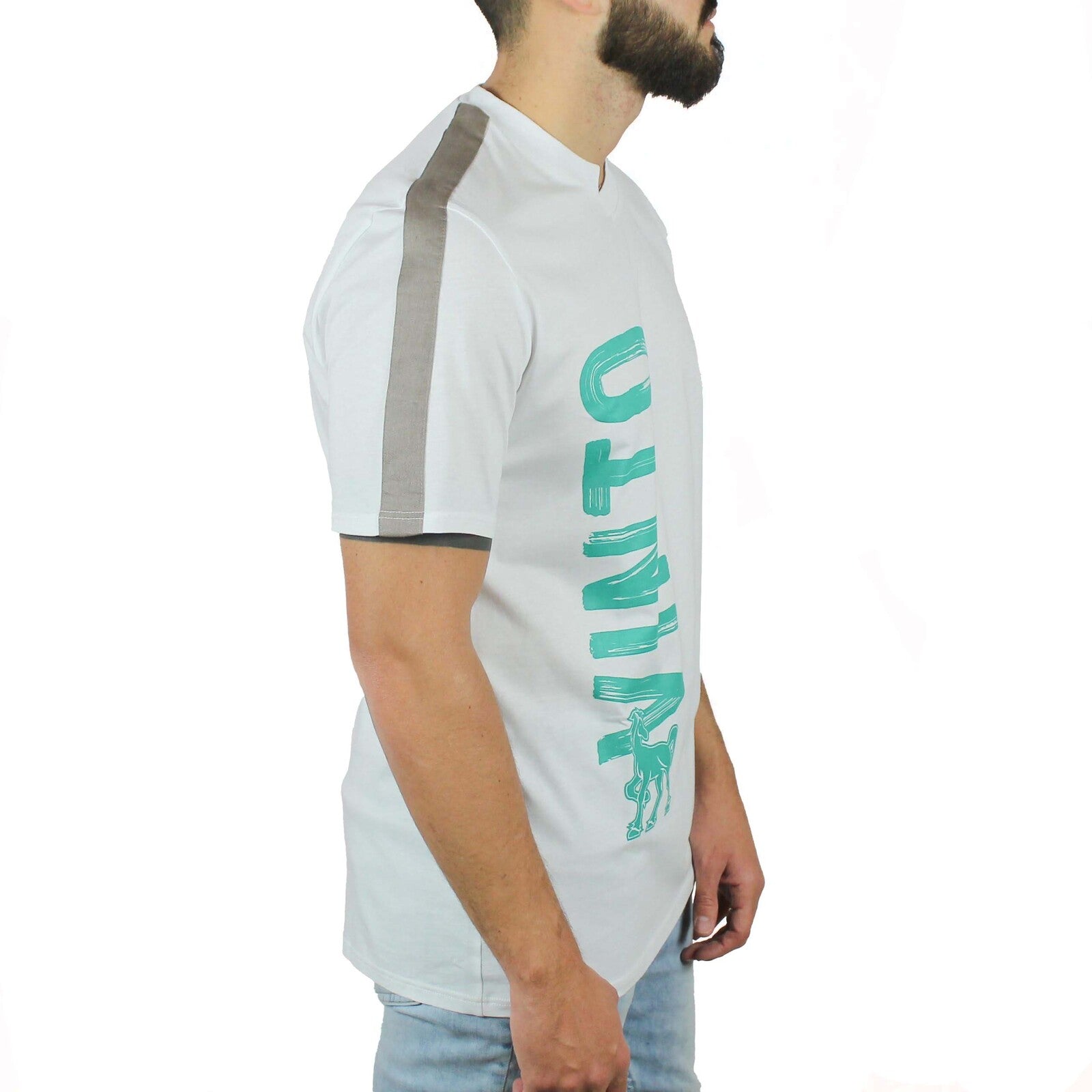 T-shirt bianca inserti lino tortora su spalle e stampa Vinto 2