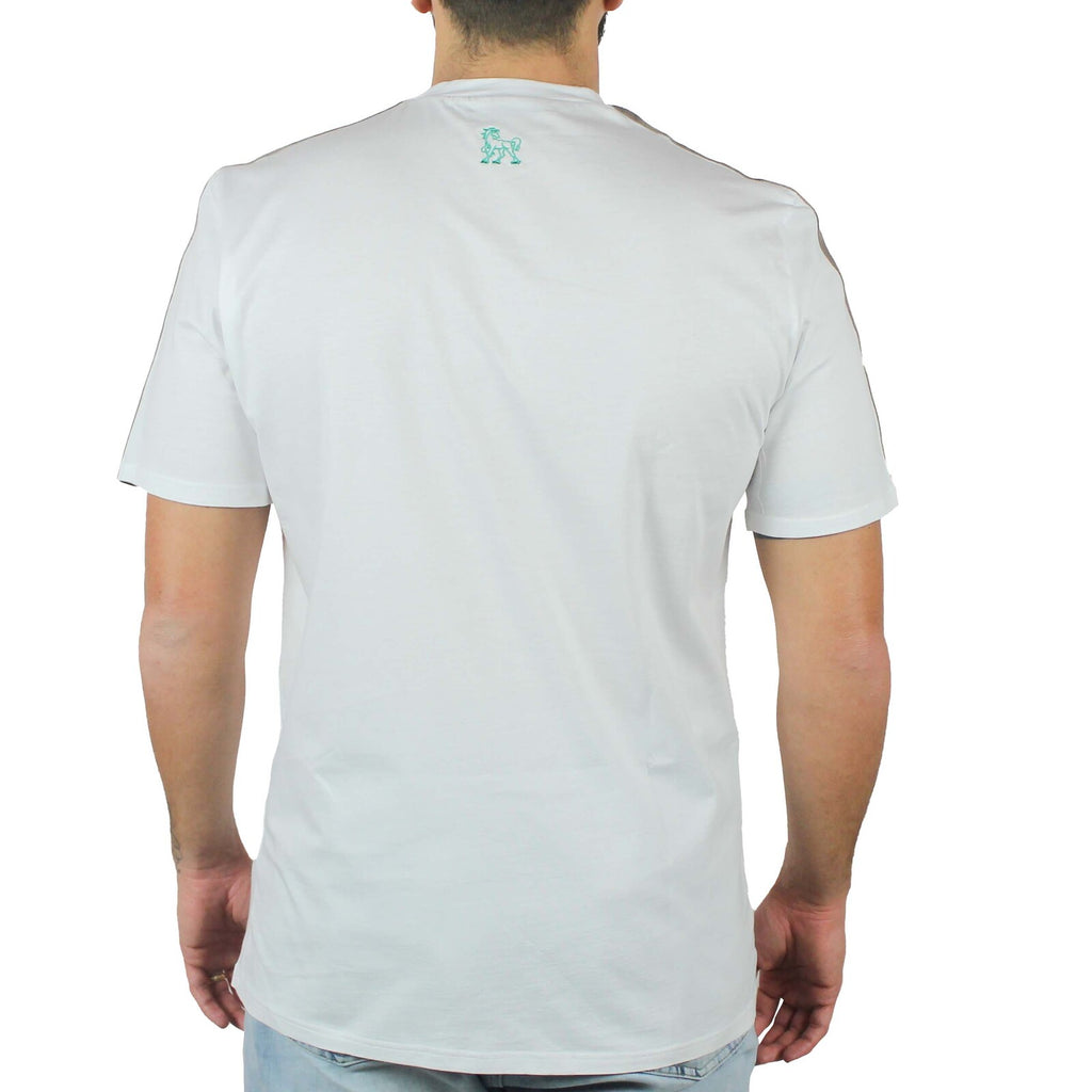 T-shirt bianca inserti lino tortora su spalle e stampa Vinto 4