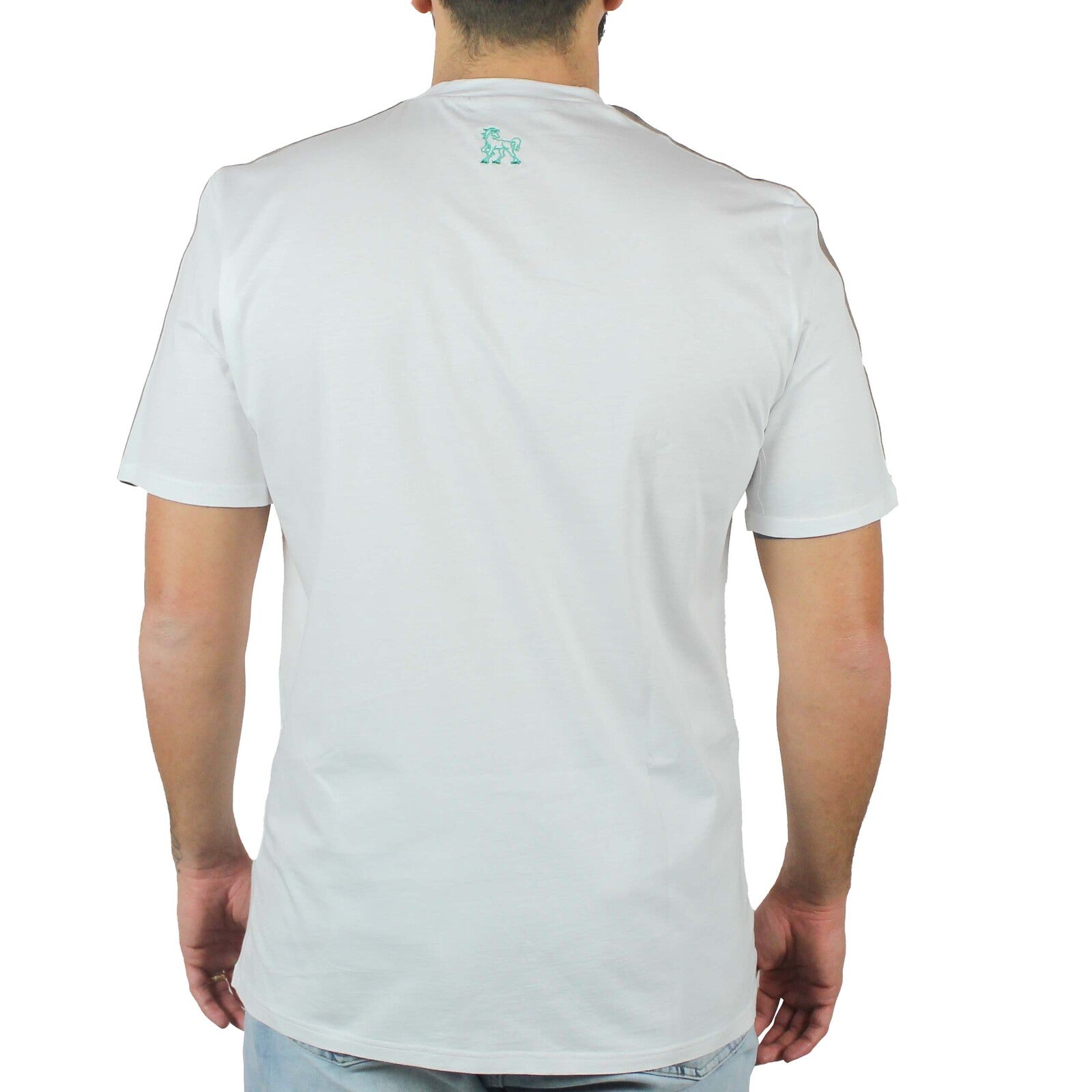 T-shirt bianca inserti lino tortora su spalle e stampa Vinto 4