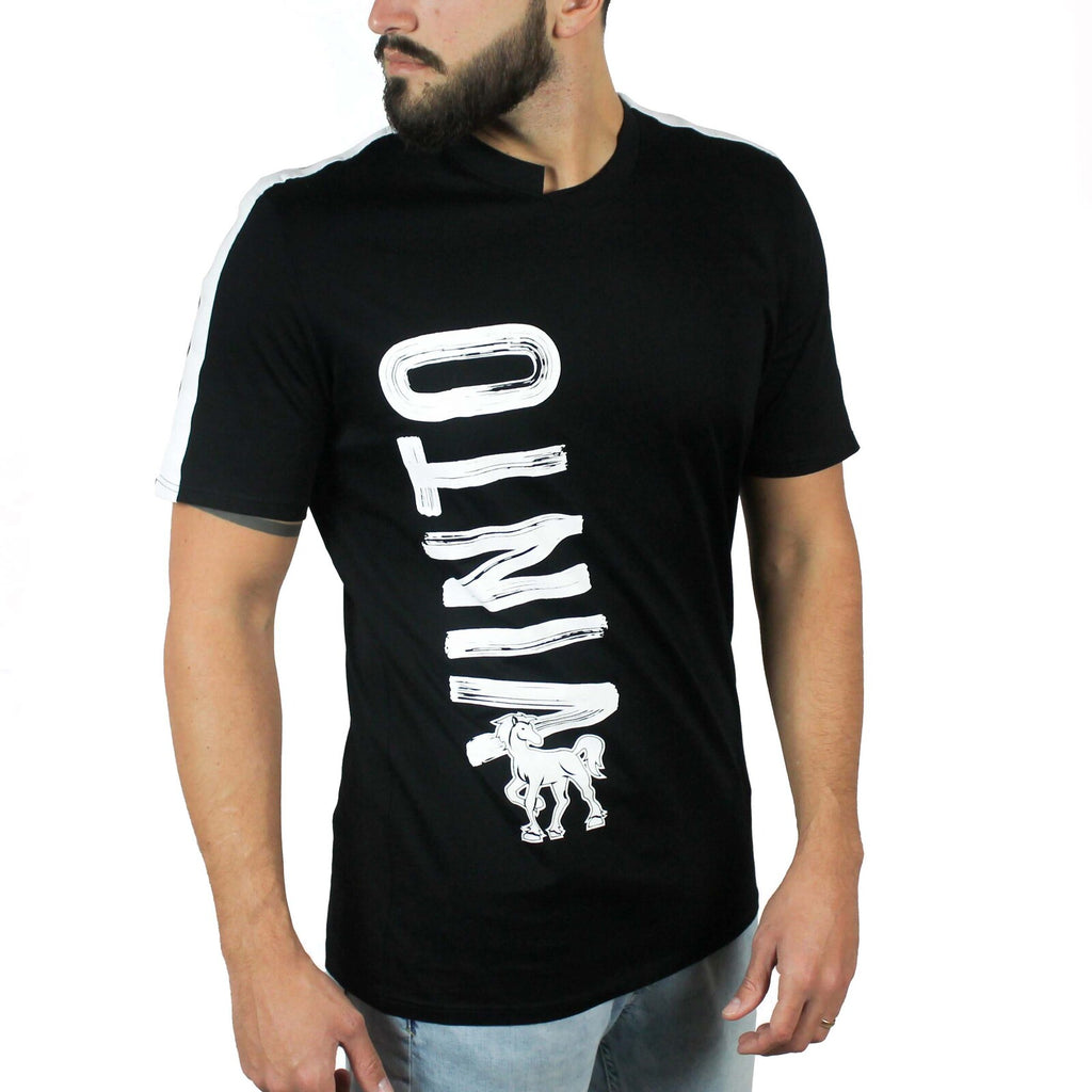 T-shirt nera inserti lino bianco su spalle e stampa Vinto 1