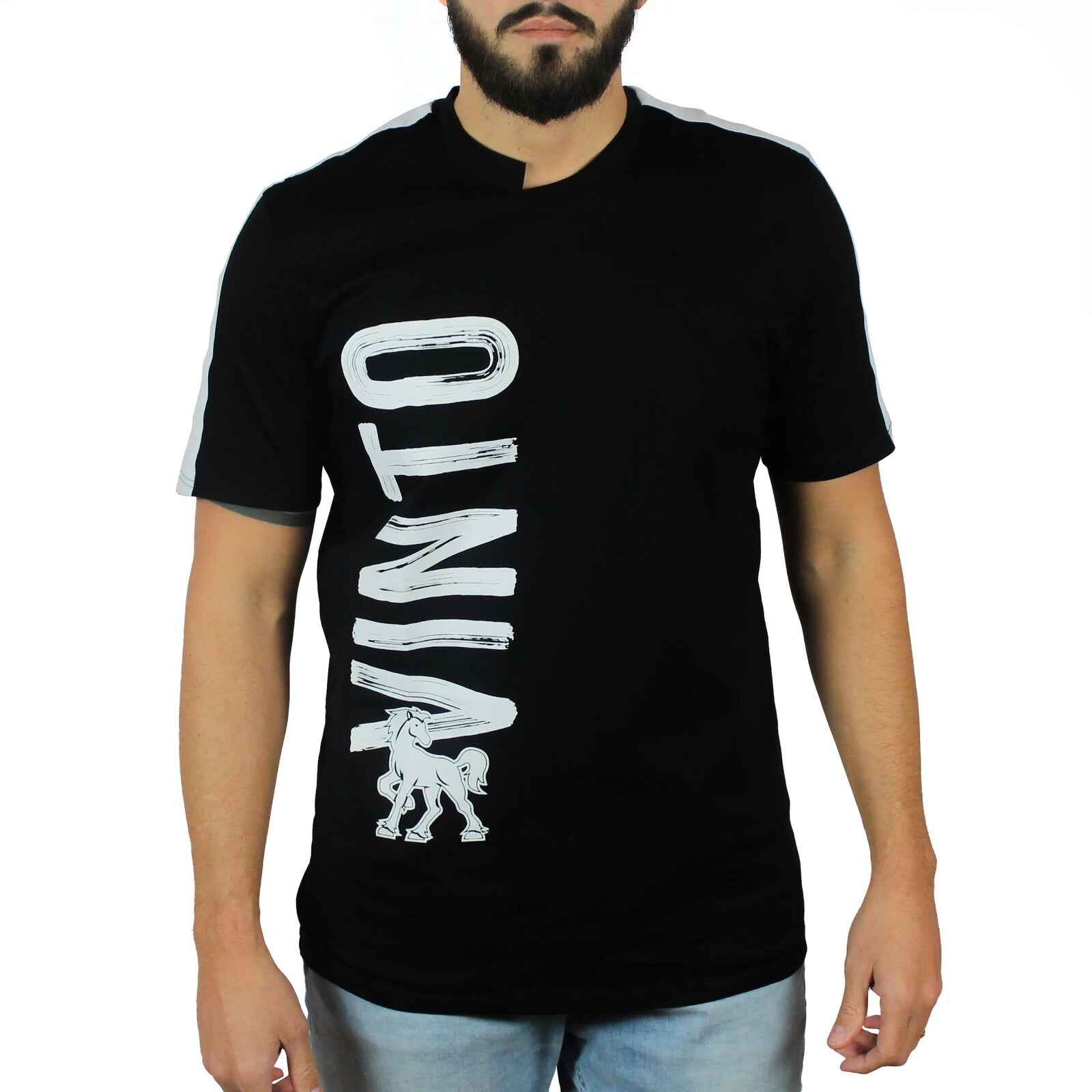 T-shirt nera inserti lino bianco su spalle e stampa Vinto 2