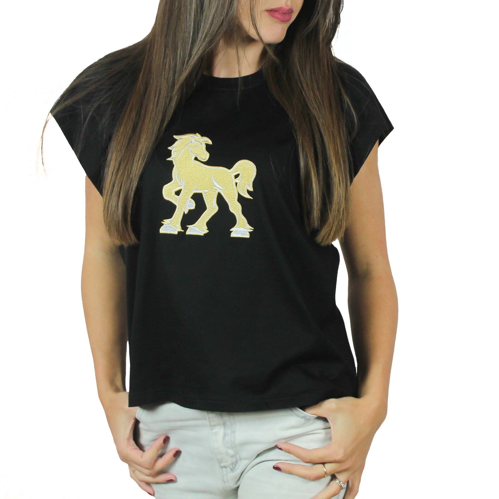 T-shirt giromanica nera con ricamo Vinto oro 1