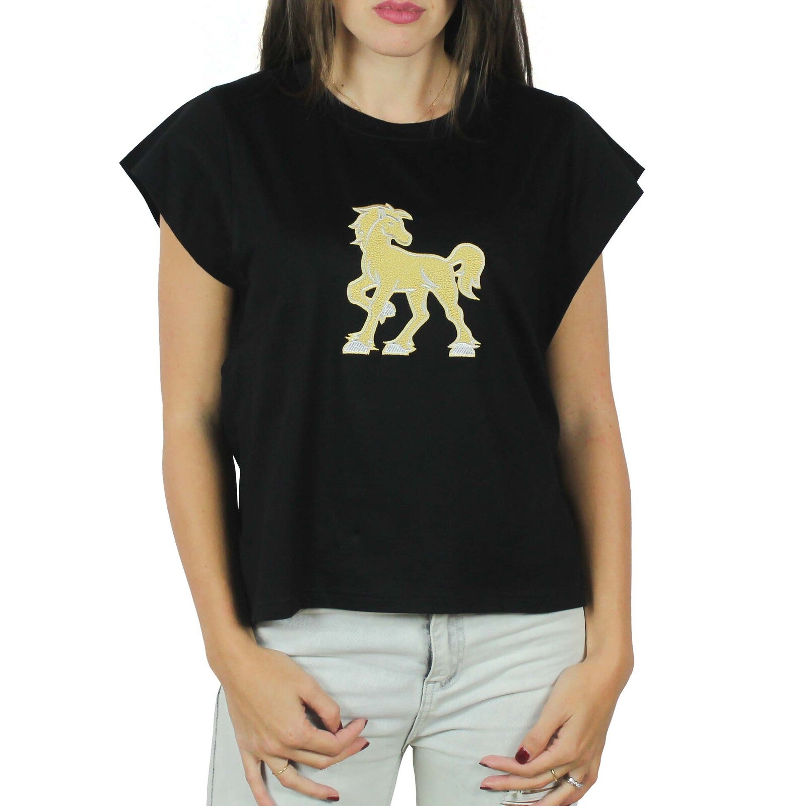 T-shirt giromanica nera con ricamo Vinto oro 2